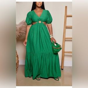 Plus Size Green Casual Puff Sleeve V Neck Ruffle Cut Out Maxi Dresses 2xl